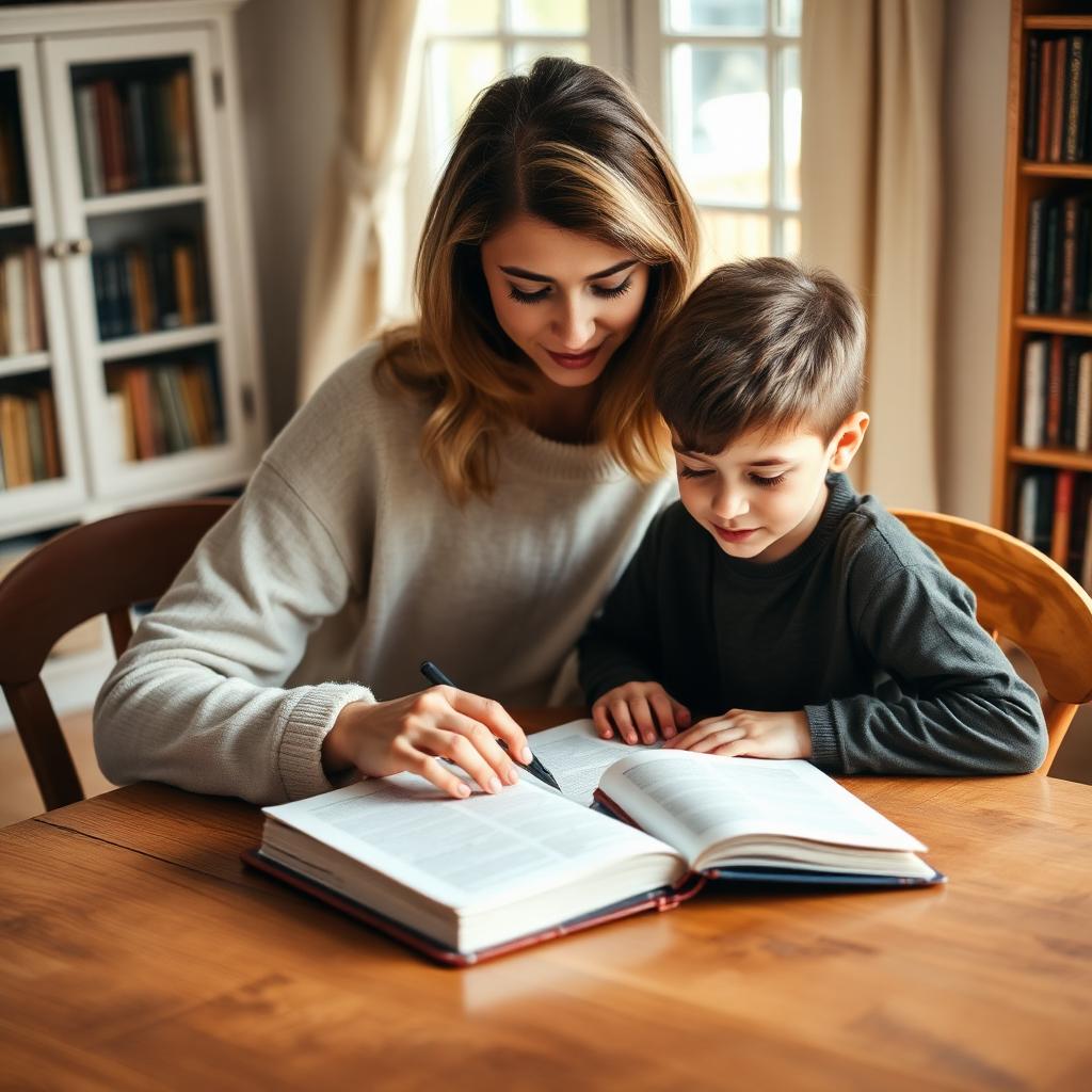 A mother and her son studying together at a wooden table